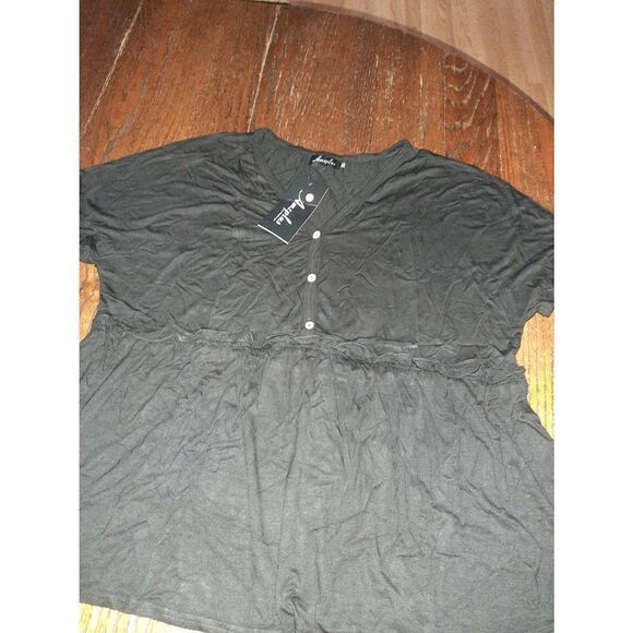 New Size 2XL AMZ PLUS Black Short Sleeve V-Neck Ruffle Shirt Top Blouse - Picture 2 of 4